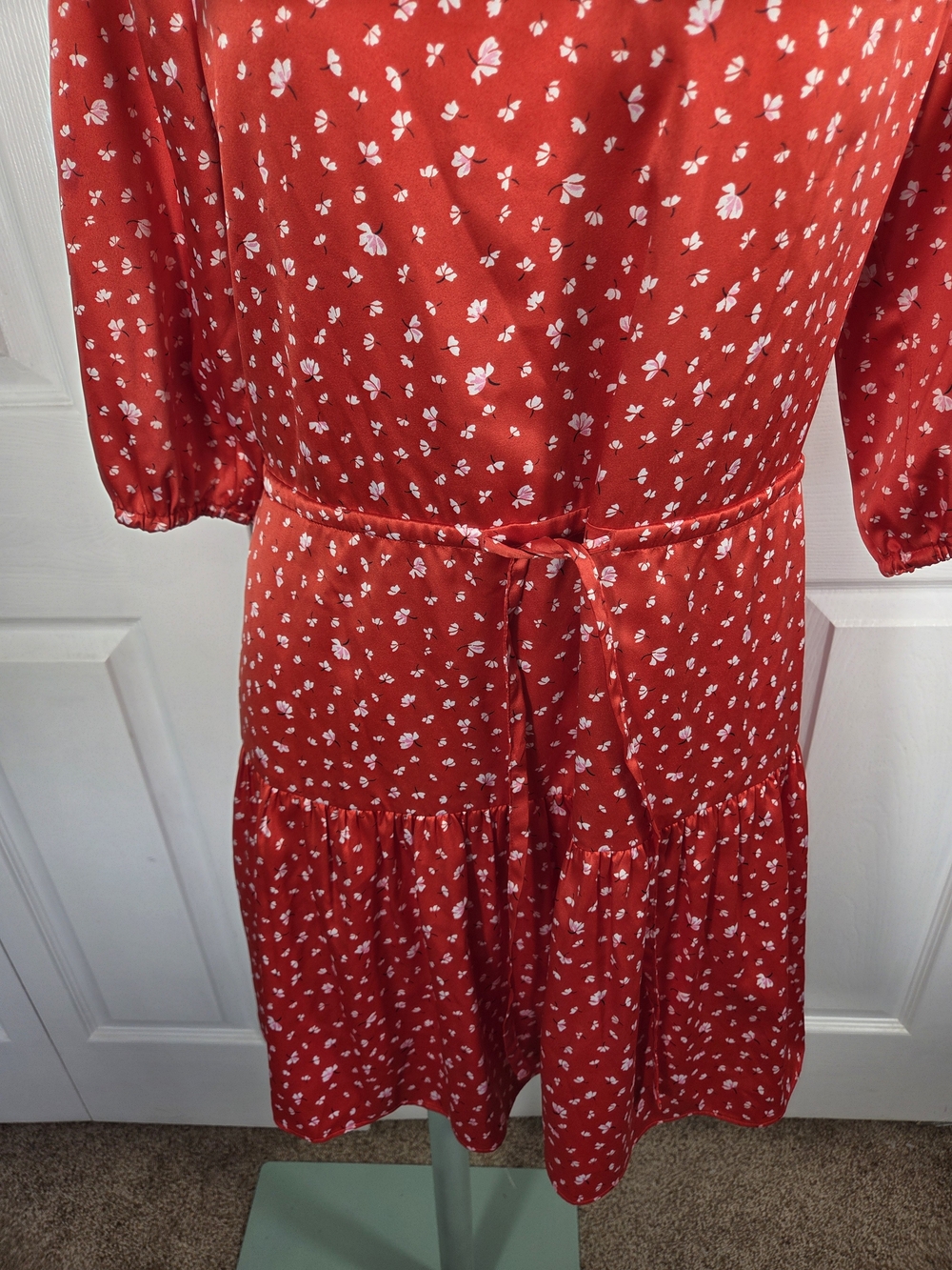 Draper James Red Floral Mini Dress Tie Waist Puff Sleeve Small - Picture 3 of 8